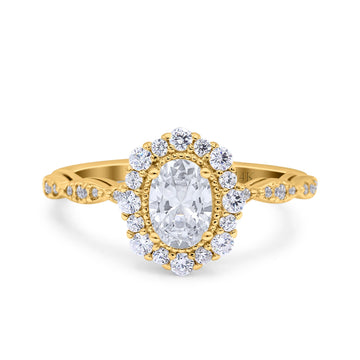 14K Yellow Gold Vintage Art Deco Halo Oval Engagement Ring Simulated Cubic Zirconia